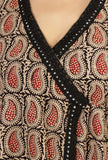 Set of 2: Baagh Hand Block Print Angrakha Kurta with Lace & Solid Black Pants