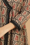 Set of 2: Baagh Hand Block Print Angrakha Kurta with Lace & Solid Black Pants