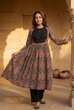 Set of 2: Baagh Print Gathered Dress with Lace & Handwork and Solid Black Cotton Pants