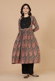 Set of 2: Baagh Print Gathered Dress with Lace & Handwork and Solid Black Cotton Pants