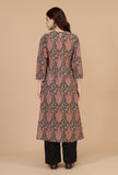 Set of 2: Baagh Print Gathered Dress with Lace & Handwork and Solid Black Cotton Pants