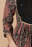 Set of 2: Baagh Print Gathered Dress with Lace & Handwork and Solid Black Cotton Pants