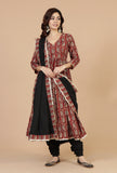 Set of 3: Baagh Print Gathered Dress with Lace Handwork, Solid Black Chooridar Cotton Pants & Black Lace Work Dupatta