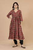 Set of 3: Baagh Print Gathered Dress with Lace Handwork, Solid Black Chooridar Cotton Pants & Black Lace Work Dupatta