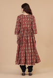 Set of 3: Baagh Print Gathered Dress with Lace Handwork, Solid Black Chooridar Cotton Pants & Black Lace Work Dupatta