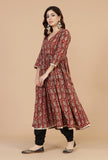 Set of 2: Hand Block Baagh Print Flared Kurta with Lace Detailing & Black Chooridar Cotton Pant