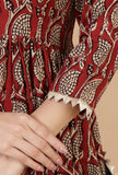 Set of 2: Hand Block Baagh Print Flared Kurta with Lace Detailing & Black Chooridar Cotton Pant