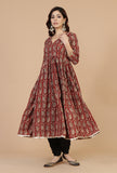 Hand Block Baagh Print Flared Kurta with Lace Detailing