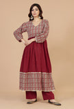 Red Flared Kurta with Baagh Block Print & Lace Details