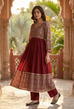 Red Cotton Flared Kurta with Baagh Block Print & Lace Details