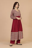 Red Flared Kurta with Baagh Block Print & Lace Details