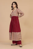 Red Flared Kurta with Baagh Block Print & Lace Details