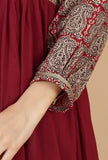 Red Flared Kurta with Baagh Block Print & Lace Details