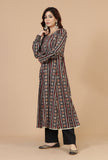 Set of 2: Ajrakh-Inspired Flared Kurta with Lace & Solid Black Cotton Pants