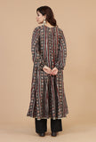 Set of 2: Ajrakh-Inspired Flared Kurta with Lace & Solid Black Cotton Pants