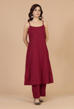 Set of 2: Red A-line Slip Kurta with Straight Pants