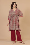 Set of 2: Block Printed Kaftan Kurta with Red Cotton Pants
