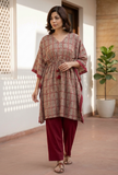Set of 2: Block Printed Kaftan Kurta with Red Cotton Pants