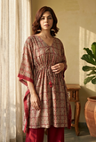 Beige & Red Baagh Block Print Cotton Kaftan Kurta