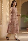 Set of 2: Baagh Hand Block Printed Sleeveless Kurta with Beige Straight Pants