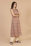 Set of 2: Baagh Hand Block Printed Sleeveless Kurta with Beige Straight Pants