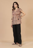 Set of 2: Baagh Printed Drawstring Top & Solid Black Cotton Pants