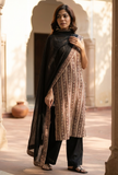 Set of 3: Baagh Printed Straight Kurta, Solid Black Cotton Pants & Black Dupatta with Printed Border