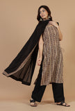 Set of 3: Baagh Printed Straight Kurta, Solid Black Cotton Pants & Black Dupatta with Printed Border