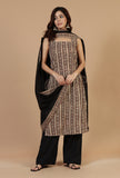 Set of 3: Baagh Printed Straight Kurta, Solid Black Cotton Pants & Black Dupatta with Printed Border