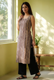 Baagh Printed Straight Cotton Kurta with Side Tie-Ups - Black & Beige