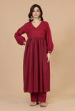 Set of 2: Maroon Printed Empire Kurta & Solid Cotton Pants