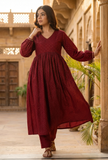 Set of 2: Maroon Printed Empire Kurta & Solid Cotton Pants