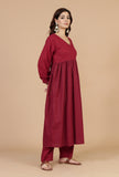 Set of 2: Maroon Printed Empire Kurta & Solid Cotton Pants