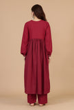 Set of 2: Maroon Printed Empire Kurta & Solid Cotton Pants