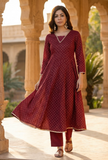 Set of 2: Maroon Floral Printed Flared Kurta with Gota Lace & Solid Cotton Pants