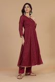 Set of 2: Maroon Floral Printed Flared Kurta with Gota Lace & Solid Cotton Pants