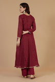 Set of 2: Maroon Floral Printed Flared Kurta with Gota Lace & Solid Cotton Pants