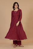 Maroon Floral Printed Flared Kurta with Gota Lace