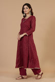 Maroon Floral Printed Flared Kurta with Gota Lace