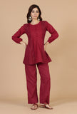 Set of 2: Maroon Gathered Peplum Top & Straight Cotton Pants