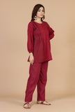 Set of 2: Maroon Gathered Peplum Top & Straight Cotton Pants