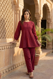 Set of 2: Maroon Gathered Peplum Top & Straight Cotton Pants