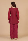 Set of 2: Maroon Gathered Peplum Top & Straight Cotton Pants