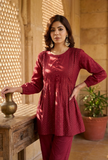 Maroon Cotton Printed Gathered Peplum Top with Side Tie-Ups