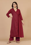 Set of 2: Maroon Hand Block Angrakha Kurta with Tassel Tie & Solid Cotton Pants