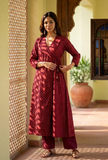 Set of 2: Maroon Hand Block Angrakha Kurta with Tassel Tie & Solid Cotton Pants
