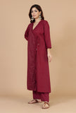 Set of 2: Maroon Hand Block Angrakha Kurta with Tassel Tie & Solid Cotton Pants