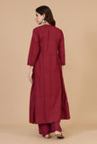 Set of 2: Maroon Hand Block Angrakha Kurta with Tassel Tie & Solid Cotton Pants