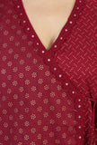 Set of 2: Maroon Hand Block Angrakha Kurta with Tassel Tie & Solid Cotton Pants