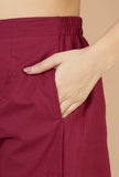 Set of 2: Maroon Hand Block Angrakha Kurta with Tassel Tie & Solid Cotton Pants